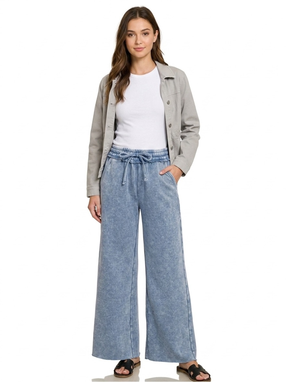 NWT Zenana Wide Leg Acid Wash Dusty Blue Fleece Sweatpants
